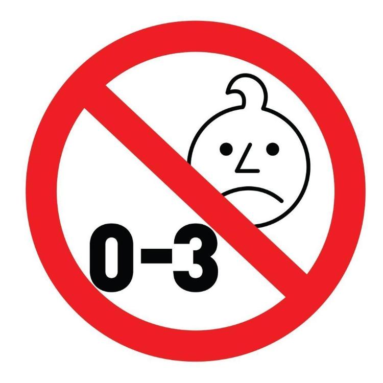 Opozorilni simbol prepovedi za otroke od 0 do 3 let zaradi majhnih delov.