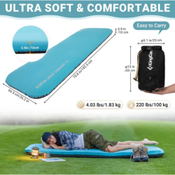 Samonapihljiva spalna podloga KingCamp Super Light Comfort 10 z dimenzijami, težo in torbo za prenašanje.