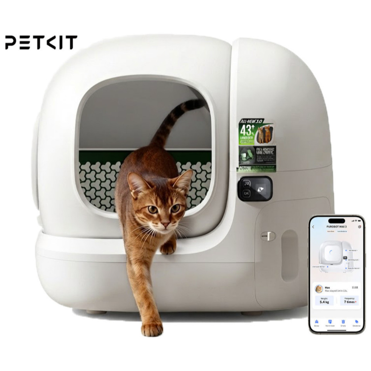 PETKIT Purobot Max Pro samodejna mačja toaleta v beli barvi, prikazana z mačko in mobilno aplikacijo za spremljanje ter upravljanje delovanja.
