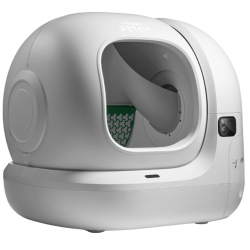 PETKIT Purobot Max Pro samodejna mačja toaleta v beli barvi, prikazana pod kotom z velikim vhodom in notranjim rotacijskim sistemom za čiščenje.