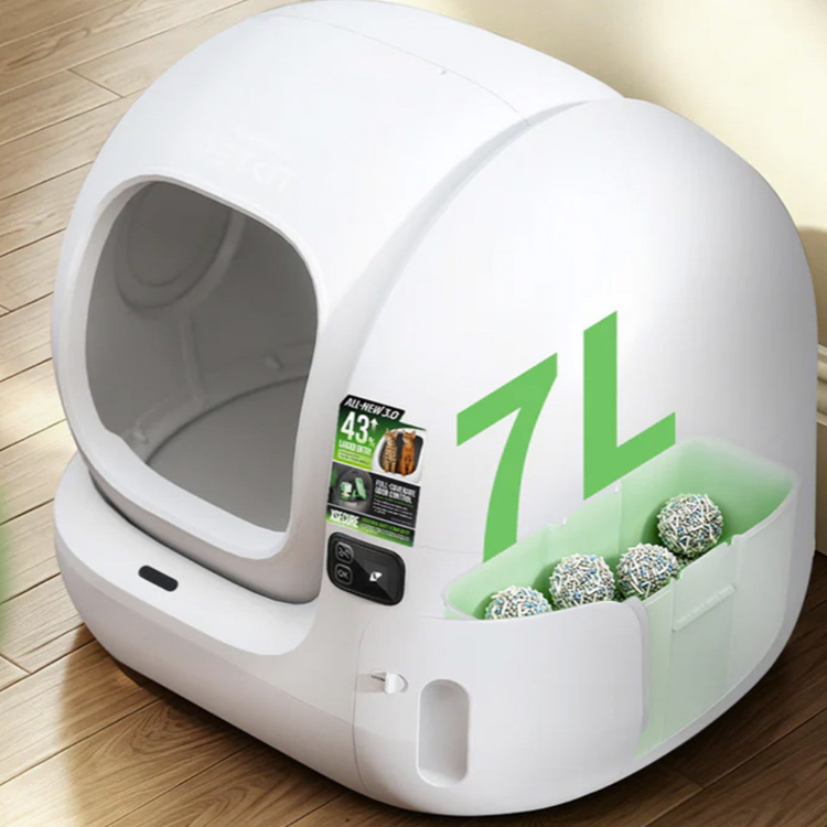 PETKIT Purobot Max Pro samodejna mačja toaleta v beli barvi, prikazana z 7-litrsko posodo za odpadke in velikim notranjim prostorom za uporabo.