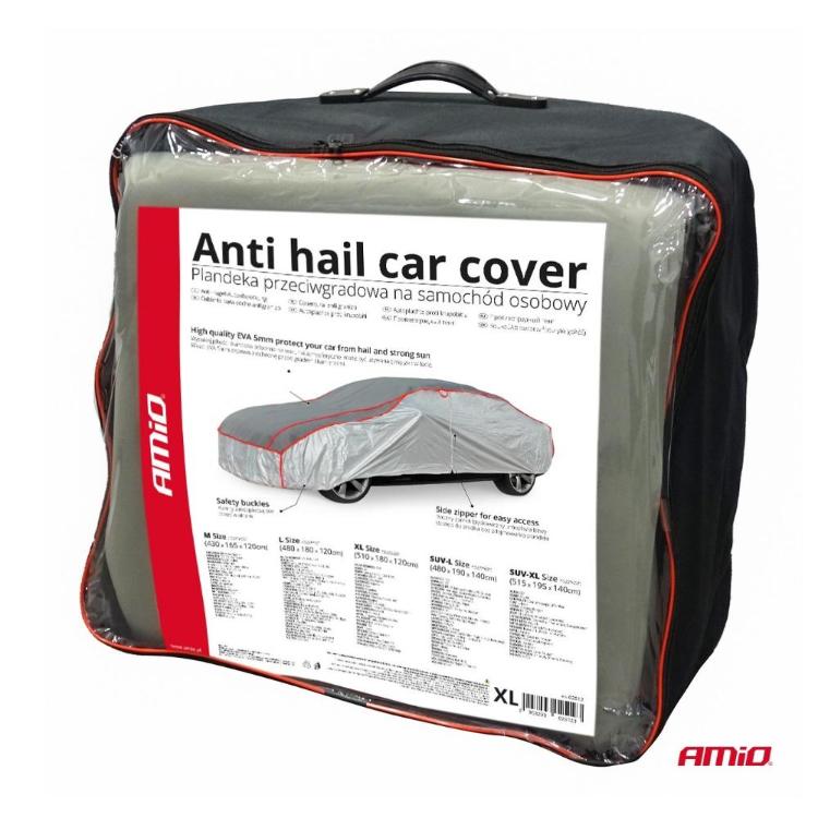 Embalaža zložene prevleke z ročajem in napisom "Anti hail car cover", prikazane velikosti in lastnosti.