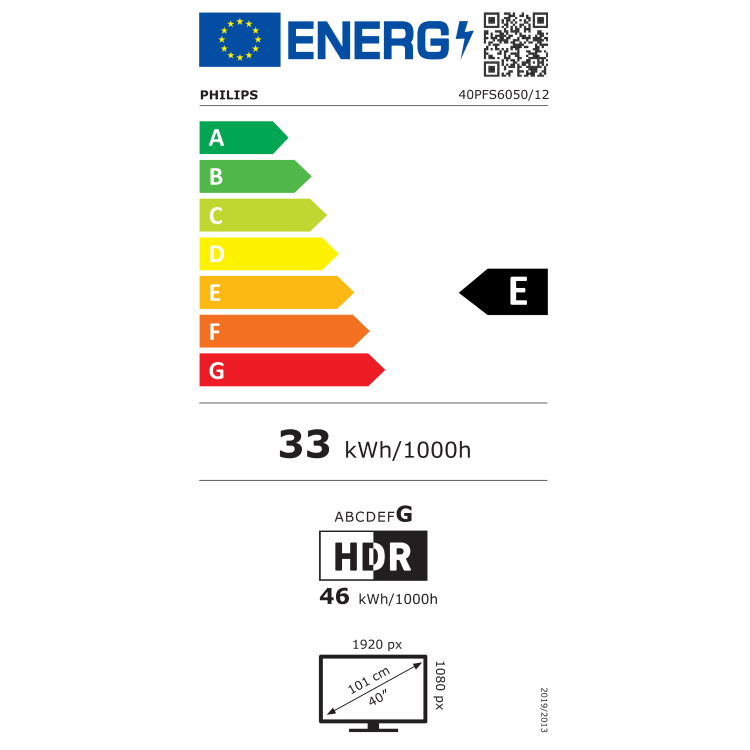 Copilot said: Energijska nalepka za televizor Philips 40PFS6050/12 z energijskim razredom E, porabo 33 kWh/1000 h v standardnem načinu, 46 kWh/1000 h v načinu HDR, diagonalo zaslona 40" (101 cm) in ločljivostjo 1920 × 1080 slikovnih pik.