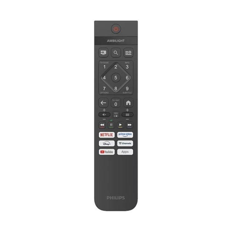 Philips daljinski upravljalnik za pametni televizor z numerično tipkovnico, namenskimi gumbi za Netflix, Prime Video, Disney+, YouTube in hitrim dostopom do aplikacij ter funkcije Ambilight.