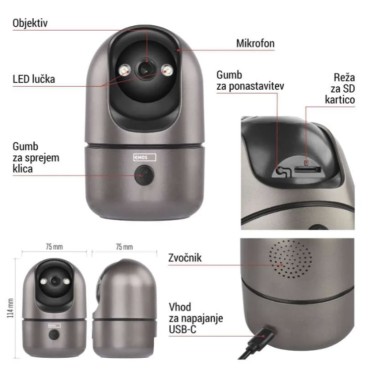 EMOS GoSmart IP kamera v sivi barvi, prikazana z označenimi elementi, vključno z režo za SD kartico, USB‑C priključkom, zvočnikom in gumbom za ponastavitev. Vidne so dimenzije 75 × 75 × 114 mm.