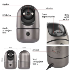 EMOS GoSmart IP kamera v sivi barvi, prikazana z označenimi elementi, vključno z režo za SD kartico, USB‑C priključkom, zvočnikom in gumbom za ponastavitev. Vidne so dimenzije 75 × 75 × 114 mm.
