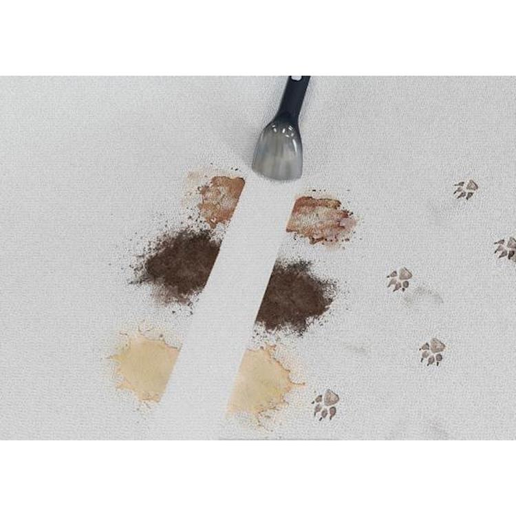 Čiščenje madežev na preprogi s prenosnim čistilcem madežev Hoover, prikaz pred in po čiščenju.