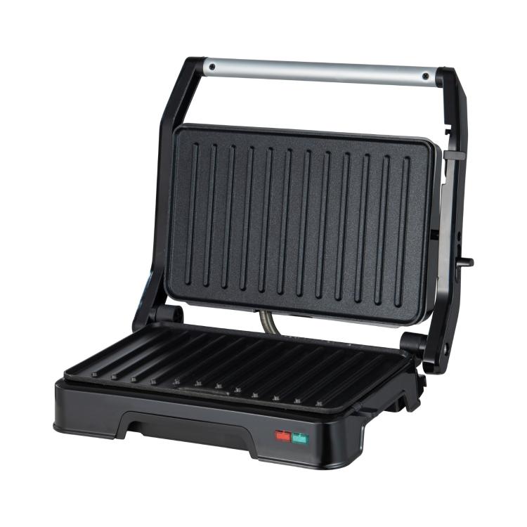 Kontaktni žar 850W SH-9103 v odprtem položaju z dvignjenim pokrovom in nelepljivima rebrastima ploščama.