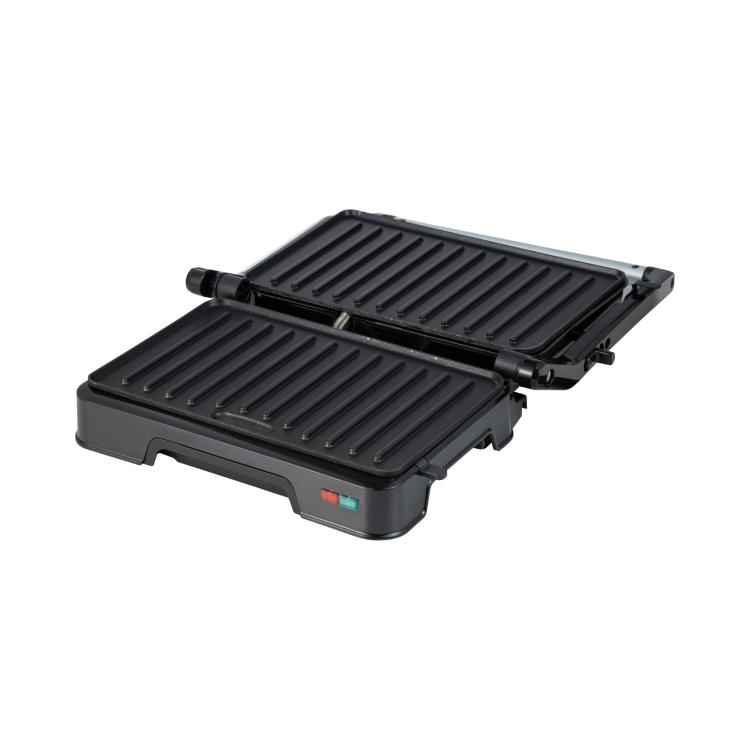 Kontaktni žar 850W SH-9103 odprt, z dvema rebrastima ploščama in indikatorjema delovanja na sprednji strani.