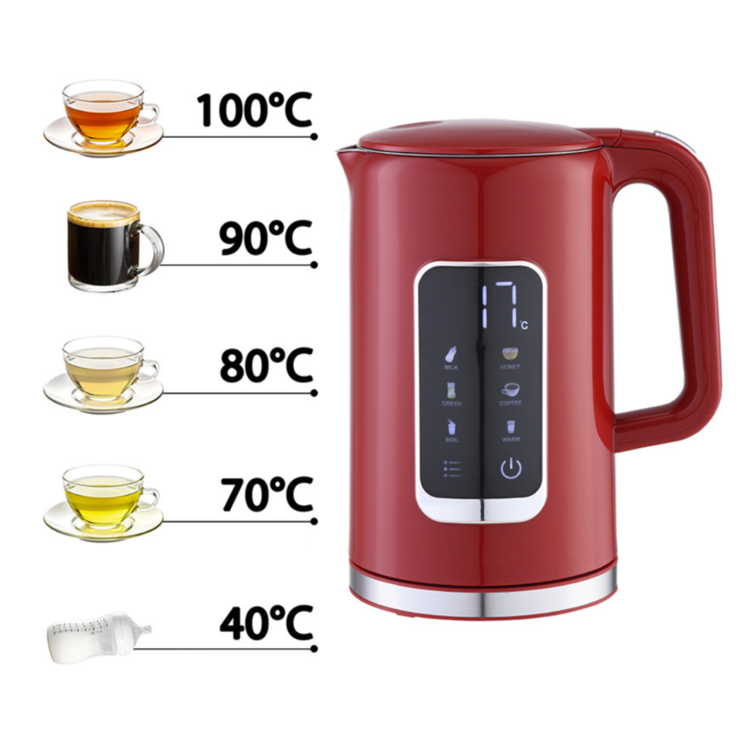 Platinet digitalni grelnik vode v rdeči barvi, prikazan z nastavljivimi temperaturami 40 °C, 70 °C, 80 °C, 90 °C in 100 °C za pripravo različnih napitkov.