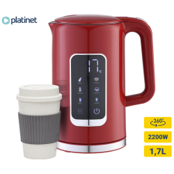 Platinet digitalni grelnik vode v rdeči barvi, prikazan z digitalnim zaslonom, prostornino 1,7 L, močjo 2200 W in 360° vrtljivim podstavkom.