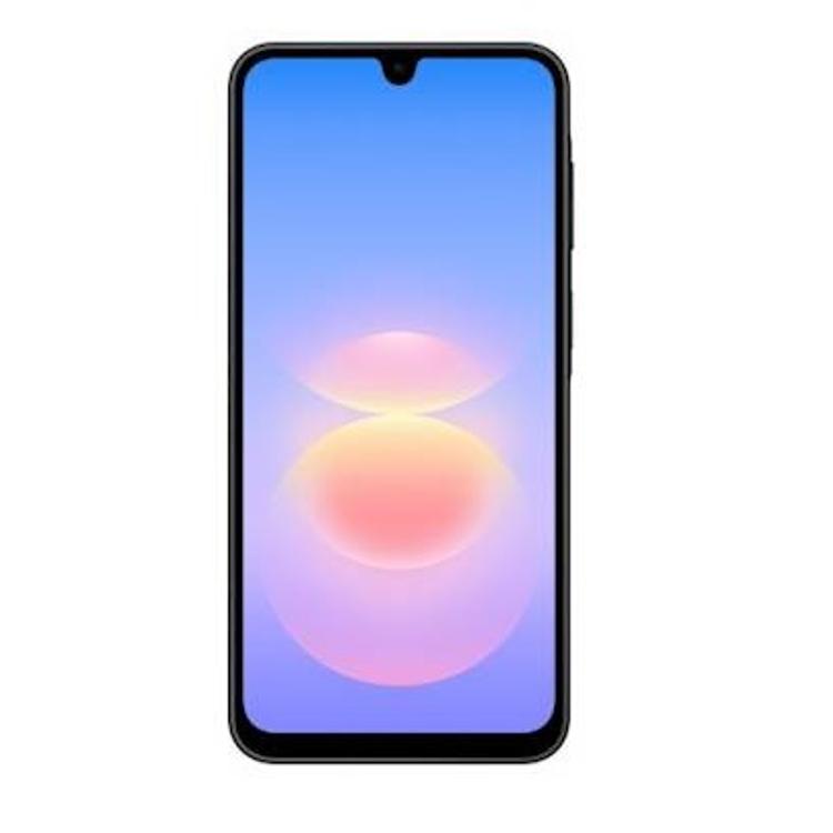 Sprednji pogled Samsung Galaxy A18 LTE z velikim zaslonom, tankimi robovi in zarezo za kamero.