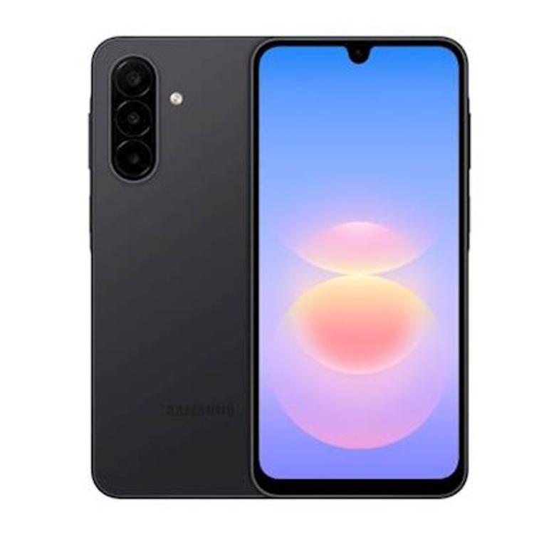 Samsung Galaxy A18 LTE v črni barvi, prikazan s sprednje in zadnje strani z zaslonom vklopljenim.