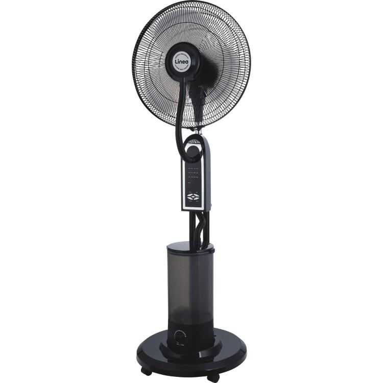 Stoječi ventilator Linea z razpršilcem vode, črna izvedba z vgrajenim rezervoarjem in upravljalno ploščo, na kolesih.