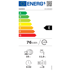 Energijska nalepka za pomivalni stroj Daewoo DI134SX6RS z energijskim razredom E, porabo 76 kWh na 100 ciklov, kapaciteto 10 pogrinjkov, porabo 11,0 L vode na cikel, trajanjem programa 3:42 h in glasnostjo 52 dB.