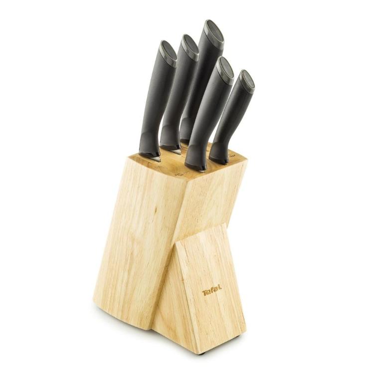 Tefal Comfort 5‑delni set nožev v lesenem stojalu z ergonomskimi črnimi ročaji in inox rezili