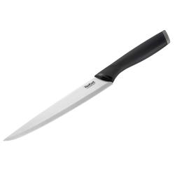 Detajl Tefal noža z ostrim rezilom, kovinskim zaključkom in ergonomskim črnim ročajem