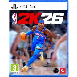 NBA 2K26 za PS5, uradna naslovnica s košarkarjem Oklahoma City Thunder med vodenjem žoge, logotipom NBA 2K26 in PEGI 3.