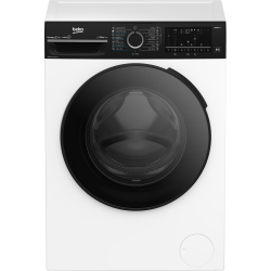 Pralno-sušilni stroj Beko bPRO500 s sprednjim polnjenjem, prikazan s sprednje strani z velikimi zatemnjenimi vrati in digitalnim upravljanjem.
