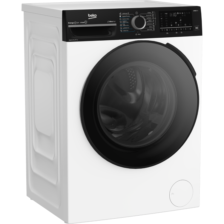 Pralno-sušilni stroj Beko bPRO500, prikazan iz sprednje stranske perspektive z velikimi zatemnjenimi vrati in digitalno upravljalno ploščo.