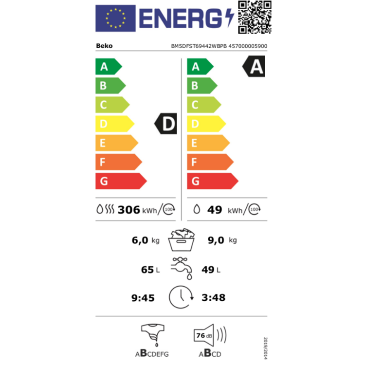 Energetska nalepka EU za pralno-sušilni stroj Beko BM5DFST69442WBPB z energijskim razredom A za pranje in D za pranje ter sušenje.