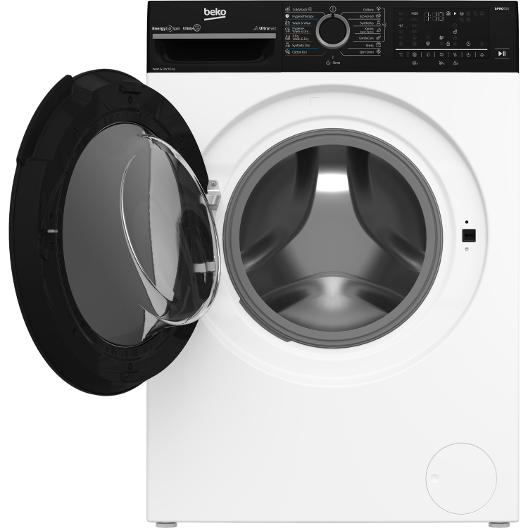 Pralno-sušilni stroj Beko bPRO500 z odprtimi vrati in vidnim notranjim bobnom za pranje ter sušenje perila.
