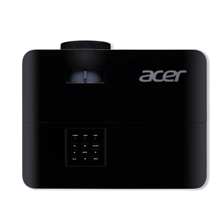 Acer črn projektor z velikim sprednjim objektivom, rešetkami za hlajenje in zgornjo kontrolno ploščo.