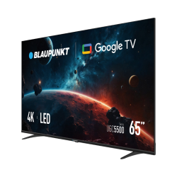 Blaupunkt 65'' 4K LED Google TV, poševni pogled z vesoljsko grafiko, tanek okvir in stojali.