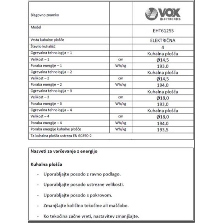 Električni štedilnik VOX EHT 6125 S, 4x elektrika