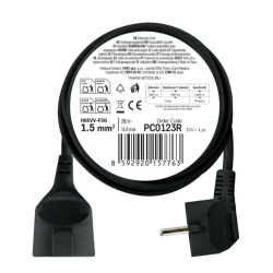 Zadnja stran embalaže podaljška 3 m, črn PVC kabel H05VV-F3G 1,5 mm², 250 V, 16 A, koda PC0123R.