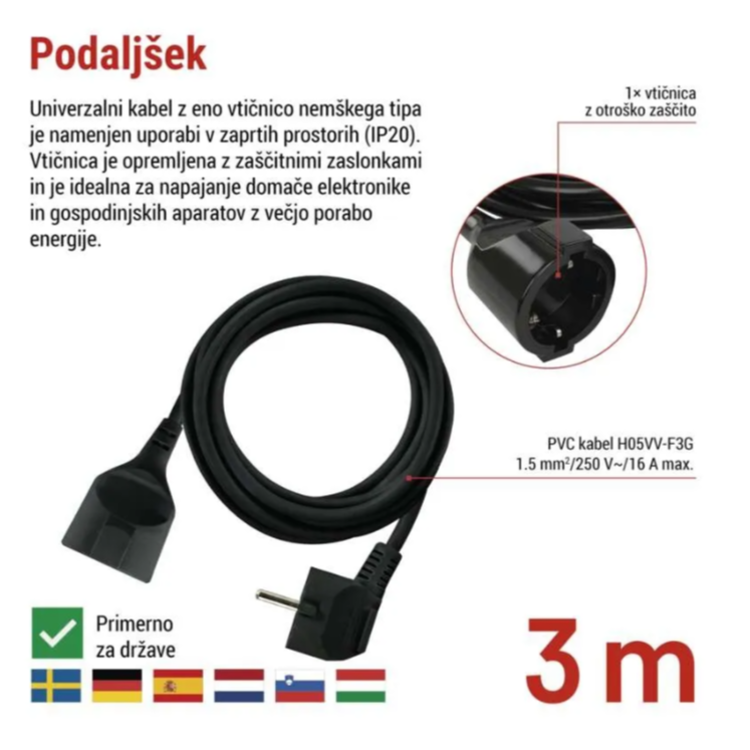 Embalaža podaljška 3 m, 1 vtičnica z otroško zaščito, črn PVC kabel H05VV-F3G 1,5 mm², 16 A.