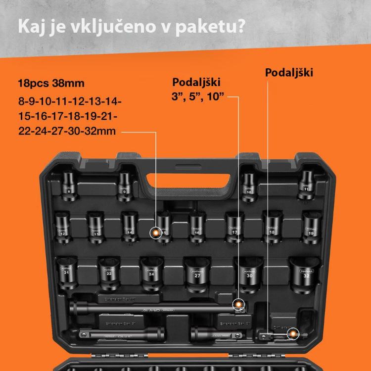 Komplet udarnih nasadnih ključev vsebuje širok izbor nastavkov različnih dolžin, podaljškov, adapterjev in univerzalni zglob za delo v težje dostopnih mestih.