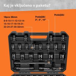 Komplet udarnih nasadnih ključev vsebuje širok izbor nastavkov različnih dolžin, podaljškov, adapterjev in univerzalni zglob za delo v težje dostopnih mestih.