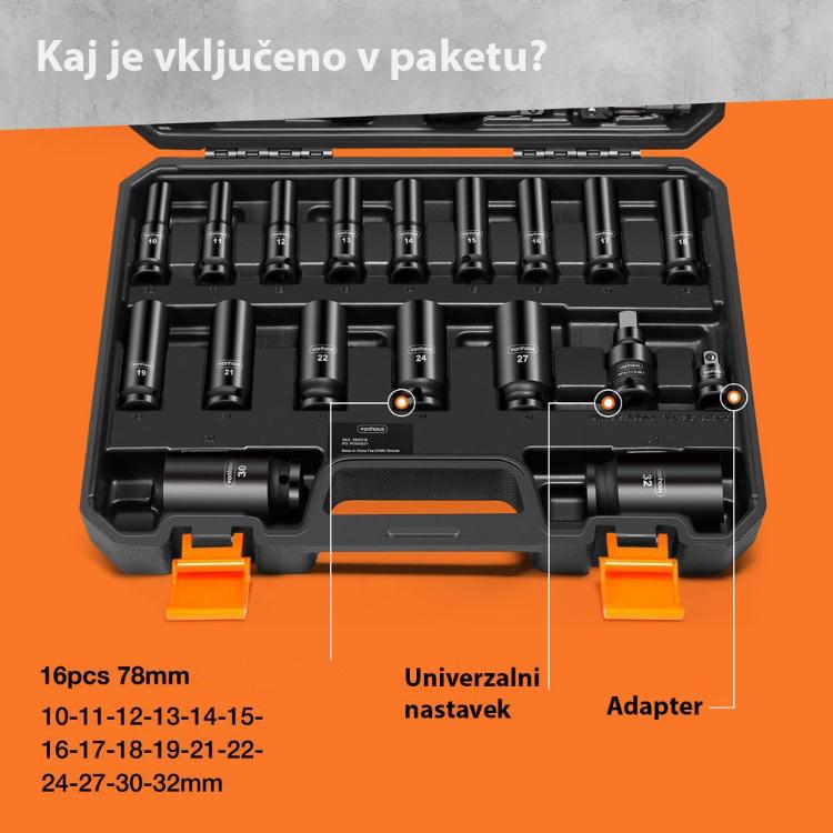 Robustni udarni nastavki iz kakovostnega jekla zagotavljajo visoko vzdržljivost pri uporabi z udarnimi vijačniki in drugimi zmogljivimi orodji.