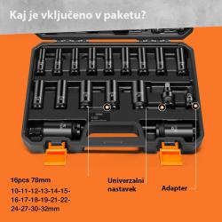 Robustni udarni nastavki iz kakovostnega jekla zagotavljajo visoko vzdržljivost pri uporabi z udarnimi vijačniki in drugimi zmogljivimi orodji.