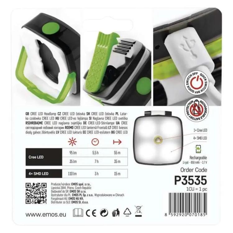 Naglavna polnilna LED svetilka Emos 3W CREE+SMD,110 lm,55m,Li-Pol 850