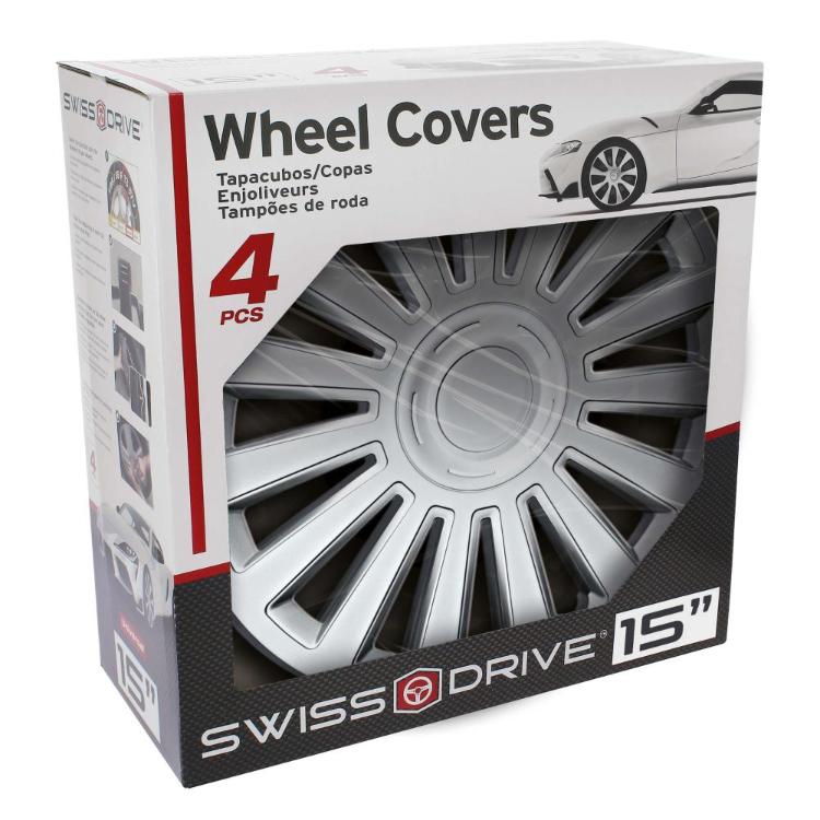 Škatla Swiss Drive “Wheel Covers 4 PCS” z oknom; viden srebrn pokrov platišča, velikost 15"