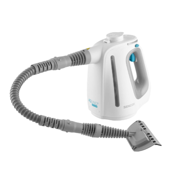 Parni čistilnik Sencor s fleksibilno cevjo in širokim nastavkom, pogled pod kotom.