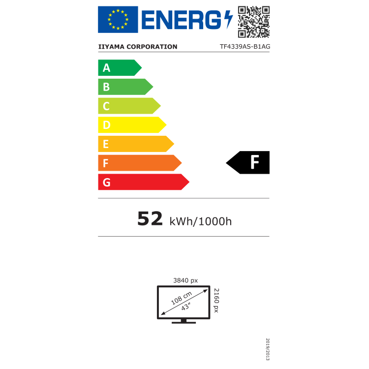 Energijska nalepka iiyama ProLite TF4339AS‑B1AG, razred F, poraba 52 kWh/1000h, ločljivost 3840×2160, diagonala 43".