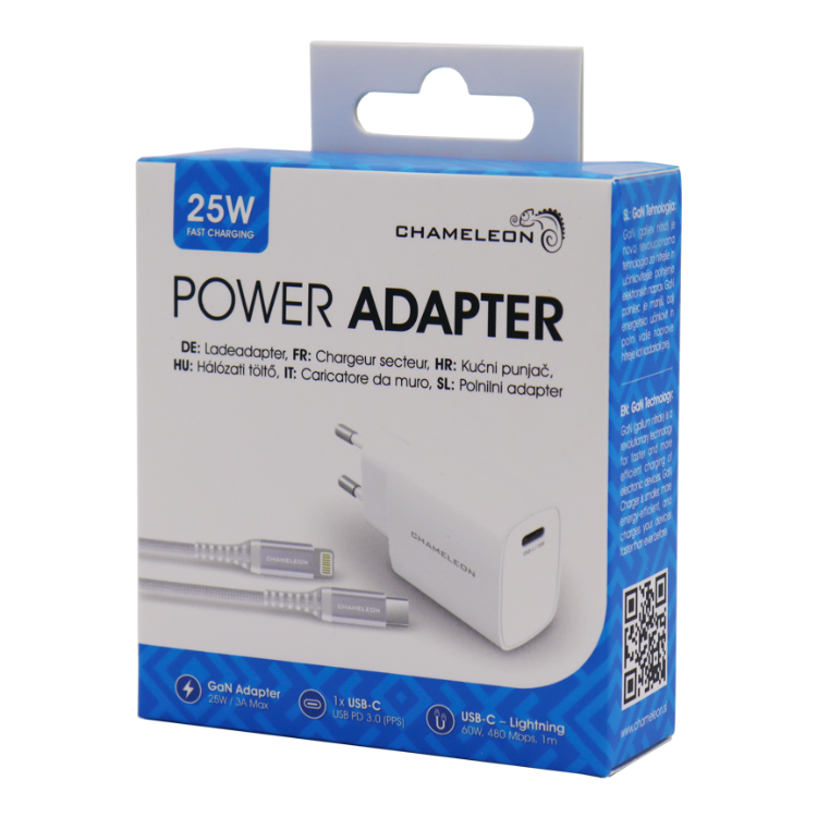 Embalaža hišnega polnilnika Chameleon 25 W GaN z USB‑C priključkom in priloženim USB‑C na Lightning kablom.