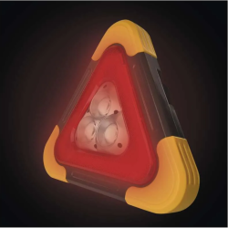 EMOS LED varnostni trikotnik prižgan v temi, z jasno svetlečim rdečim robom.