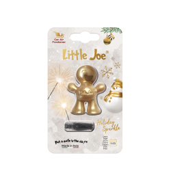 Osvežilec zraka Little Joe Holiday Sparkle v zlati barvi, v praznični embalaži s snežakom in iskricami.