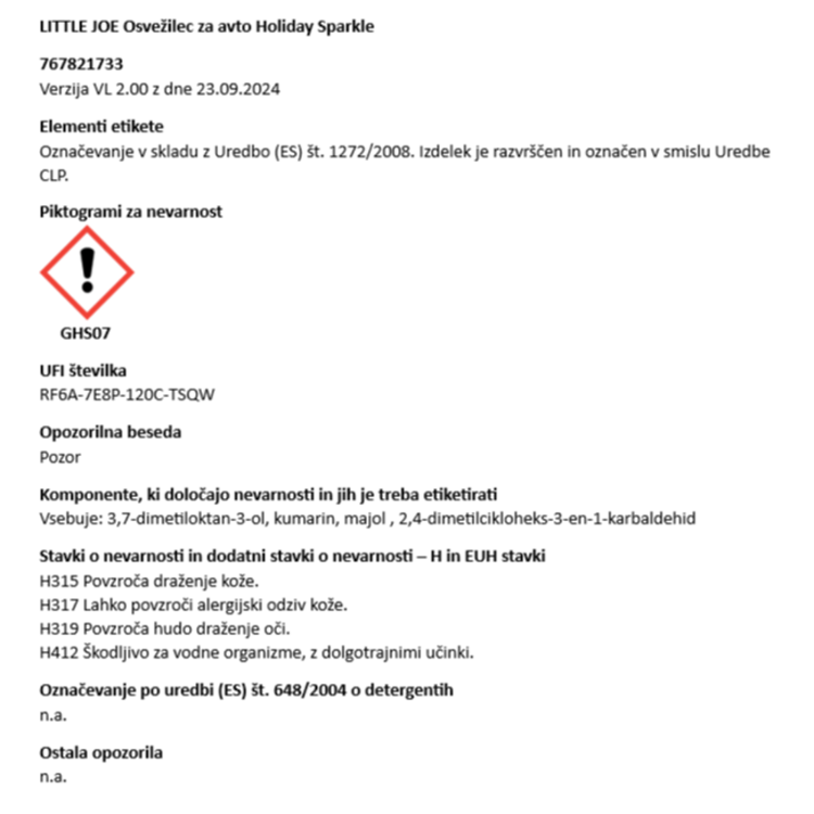 Varnostni list osvežilca Little Joe Holiday Sparkle z opozorilom GHS07 ter podatki o sestavinah in nevarnostih.