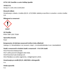 Varnostni list osvežilca Little Joe Holiday Sparkle z opozorilom GHS07 ter podatki o sestavinah in nevarnostih.