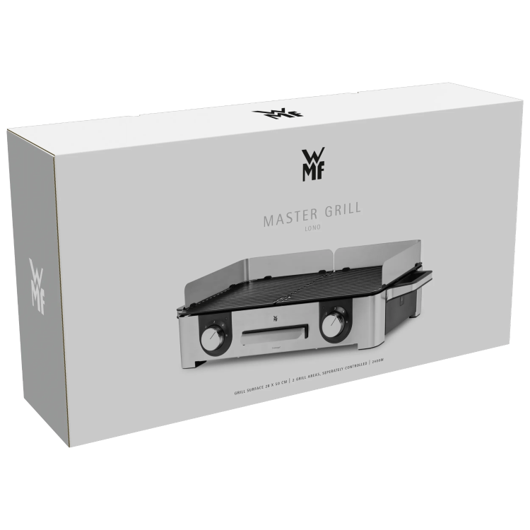 Embalaža WMF Lono Master Grill z prikazom žara, napisom »Master Grill« in navedbo ločenega upravljanja dveh grill con