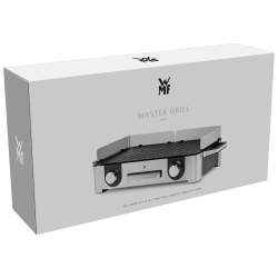 Embalaža WMF Lono Master Grill z prikazom žara, napisom »Master Grill« in navedbo ločenega upravljanja dveh grill con