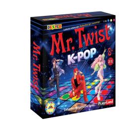 Barvita škatla igre Mr. Twist K‑POP s tremi liki na plesni podlagi v živahnem, vesoljskem slogu.