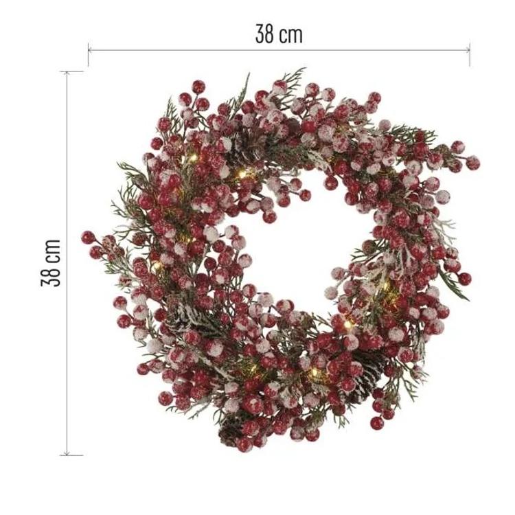 Okrašen božični venec LED 38 cm, 3x AA, notranji, topla bela