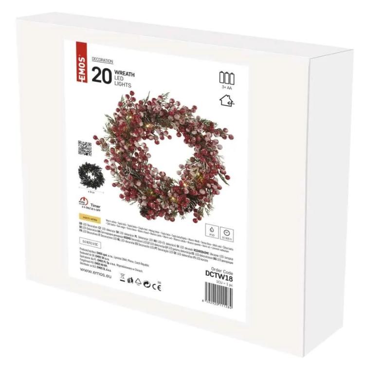 Okrašen božični venec LED 38 cm, 3x AA, notranji, topla bela