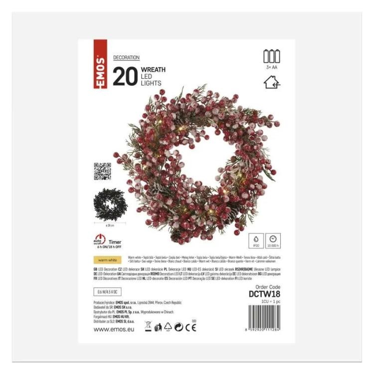 Okrašen božični venec LED 38 cm, 3x AA, notranji, topla bela